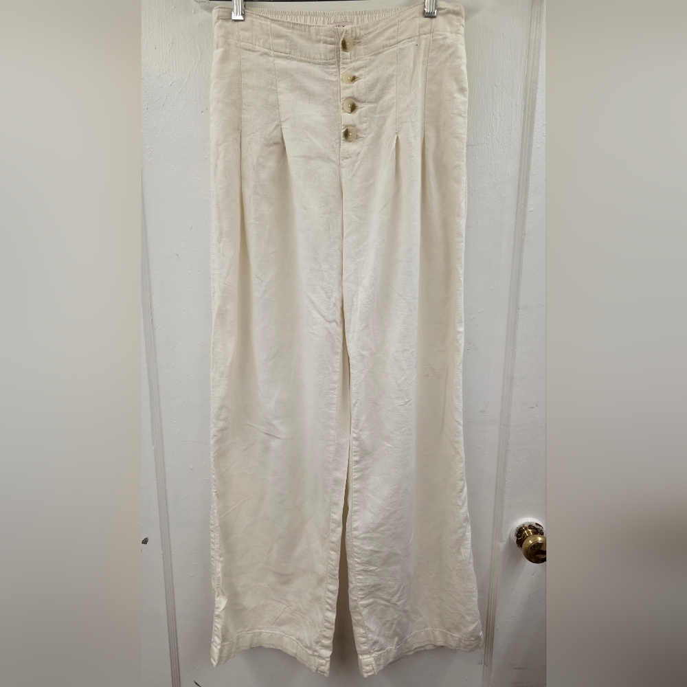 Sincerely Jules Linen Blend Wide Leg Pants Cream Button Front Size M